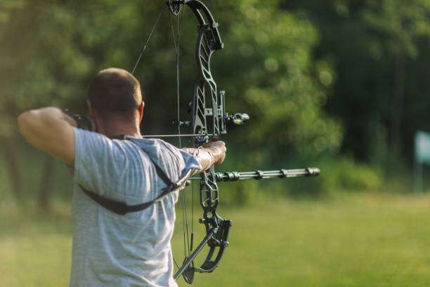 Archer aiming a compound bow from behind in a sunlit green field.